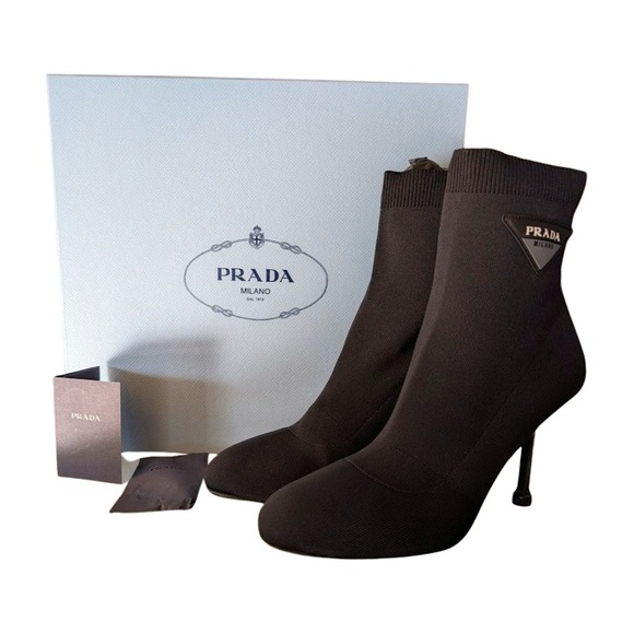 Prada Shoes - Prada Black Sock Ankle Boots Stiletto Heel Logo Triangle Women's Size 39.5 Italy